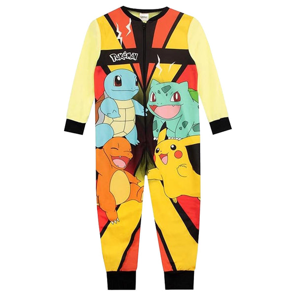 Kids Pokemon All In One Cosy Fleece Pjs Pikachu Pyjamas Zipped Boys Loungewear