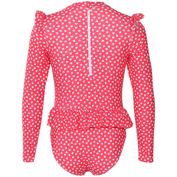 Kids Girls One Piece Swimsuit Ruffle Trim Long Sleeve Swimming Costume 2-14 Yrs
