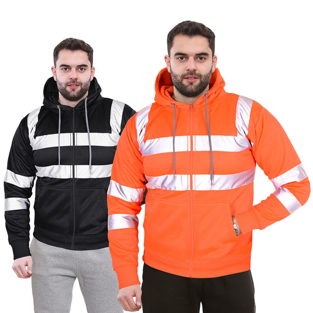 A2Z High Visibility Safe Work Hooded Zipper Two Tone Reflective Tape Pullover Sweatshirt Hi Vis Viz Casual Workout Safety Zip Up Hoodie Workwear For Men's Small Mediuam Large XL 2XL 3XL 4XL