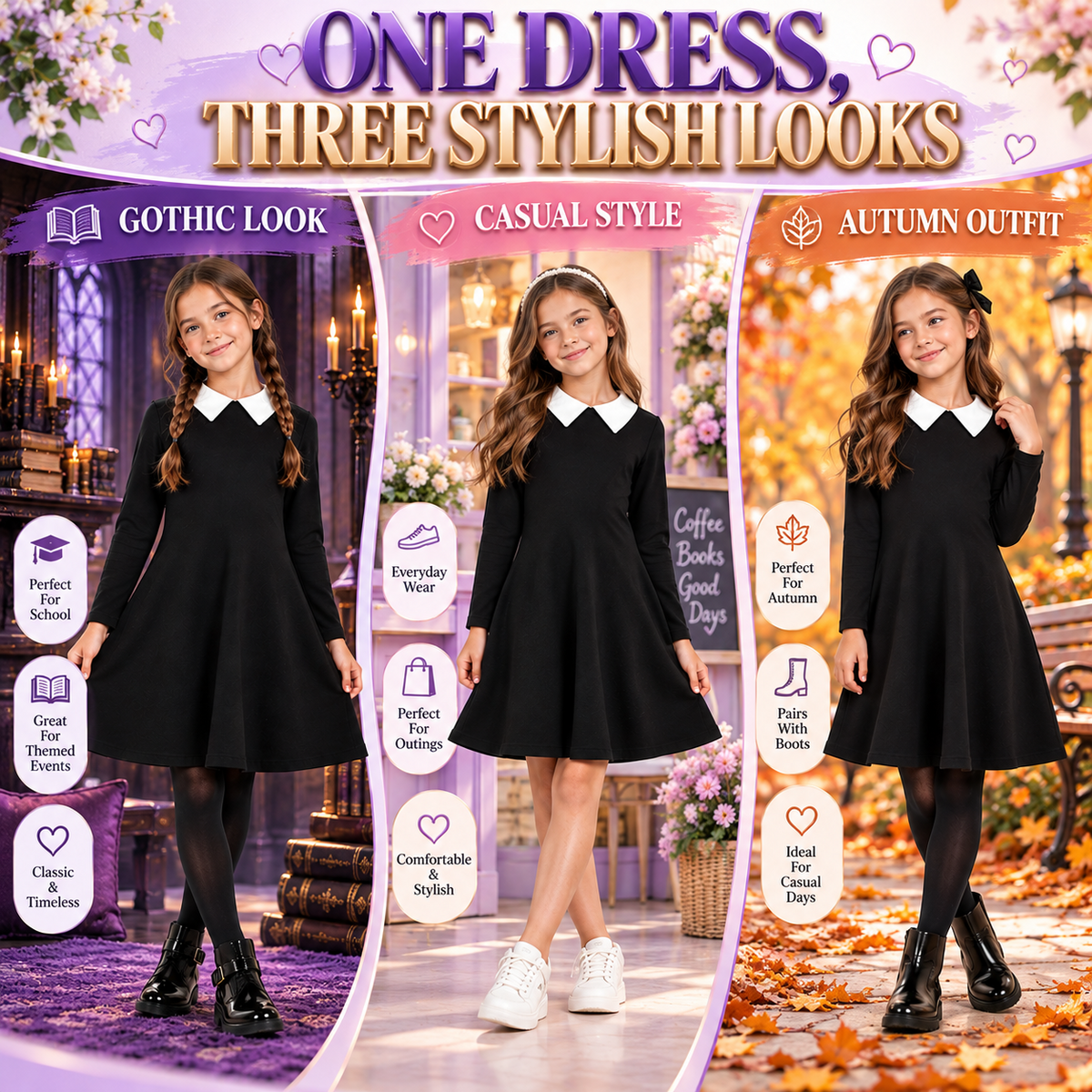 Kids Girls Swing Dress Long Sleeves Flared Gothic School Girl Uniform Dresses