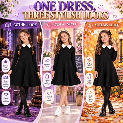 Kids Girls Swing Dress Long Sleeves Flared Gothic School Girl Uniform Dresses