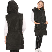 A2Z Kids Girls Down Vest Fashion Oversized Black Hooded Quilted Gilet Padded Long Line Vest Jacket Long Sleeveless Coat Urban Winter Wear Age 7-13 Yr