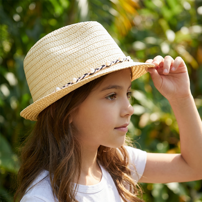 Kids Boys Girls Trilby Hat Palm Tree Beaded Summer Fedora Beach Holiday Sun Hat
