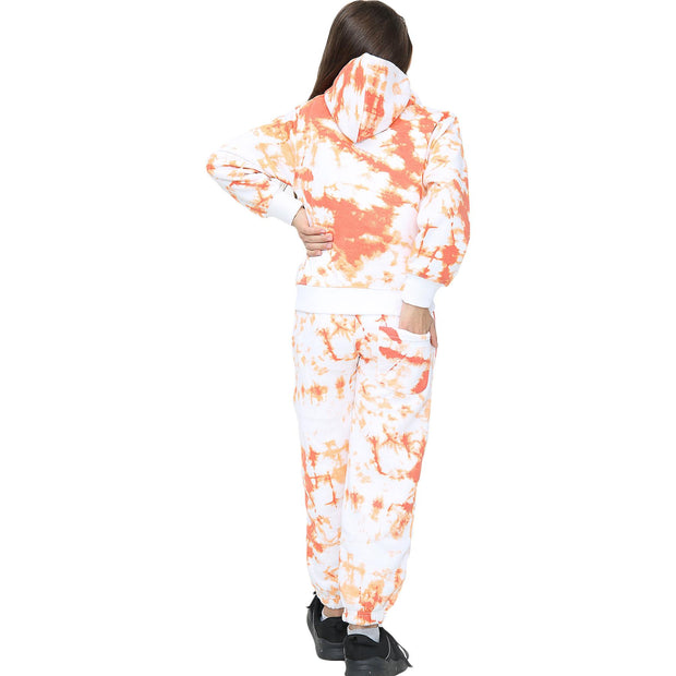 A2Z 4 Kids Girls Tracksuit Designer's Tie Dye Print Fleece Orange Hooded Zip Up Hoodie & Bottom Jogging Suit Joggers Age 5 6 7 8 9 10 11 12 13 Years