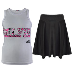 Kids Girls Splash Print Vest & Skirt Trendy Fashion Two Piece Vest & Skirts 5-13