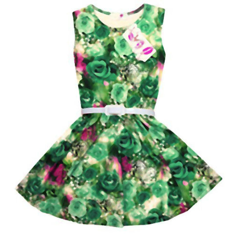 Girls Skater Dress Kids Floral Roses Print Summer Party Dance Dresses 7-13 Years