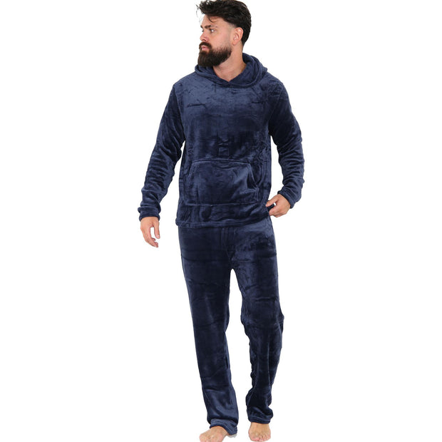 Mens Pyjamas Soft Warm Fleece Adults Hooded Pyjamas 2 Piece Gift Set For Mens