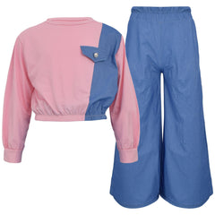 Kids Girls Crop Top Set Casual Long Sleeve Crop Top Flared Trouser Age 3-14