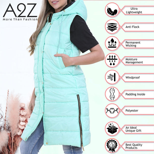 A2Z Ladies Adults Sleeveless Gilet Oversized Hooded Mint Quilted Gilet Padded Long Line Vest Jacket Sleeveless Coat Urban Winter Wear