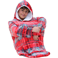 Kids Girls Boys Oversized Hoodie Blue Tartan Printed Snuggle Soft Fleece Blanket