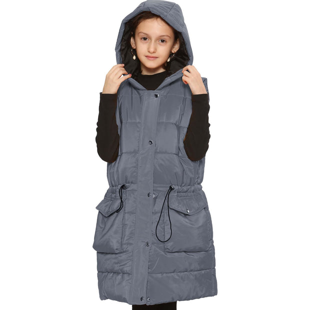 A2Z Kids Girls Down Vest Fashion Oversized Grey Hooded Quilted Gilet Padded Long Line Vest Jacket Long Sleeveless Coat Urban Winter Wear Age 7-13 Years