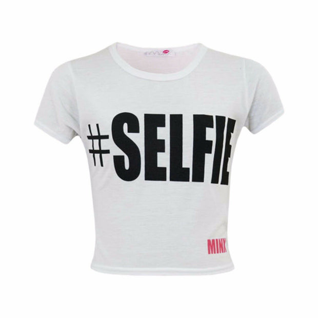 KIDS GIRLS NEW SEASON " # SELFIE " PRINTED CROP TOP T SHIRT 7 8 9 10 11 12 13 Yr