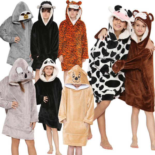 Kids Girls Boys Oversized Hoodie ANIMAL Snuggle Blanket Fleece Kangaroo Pocket