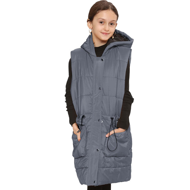 A2Z Kids Girls Down Vest Fashion Oversized Grey Hooded Quilted Gilet Padded Long Line Vest Jacket Long Sleeveless Coat Urban Winter Wear Age 7-13 Years