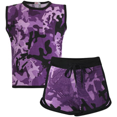 Kids Girls Shorts Set 100% Cotton Camouflage Taped Summer Vest Top Short 5-13 Yr