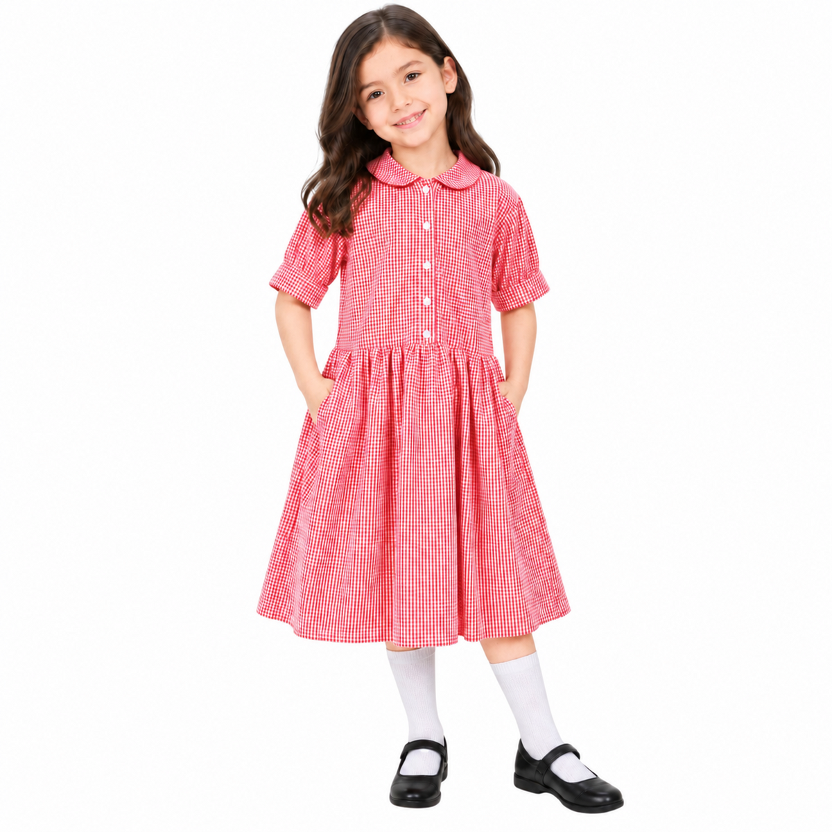 Girls School Gingham Dress Soft Fabric Check Print Front Button Closure Dress