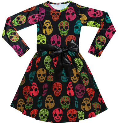 A2Z Kids Girls Skater Dress Long Sleeves Multi Colors Skull Print Soft Comfortable Halloween Party Fashion Dresses Age 5-6, 7-8, 9-10, 11-12 & 13 years - A2Z 4 Kids