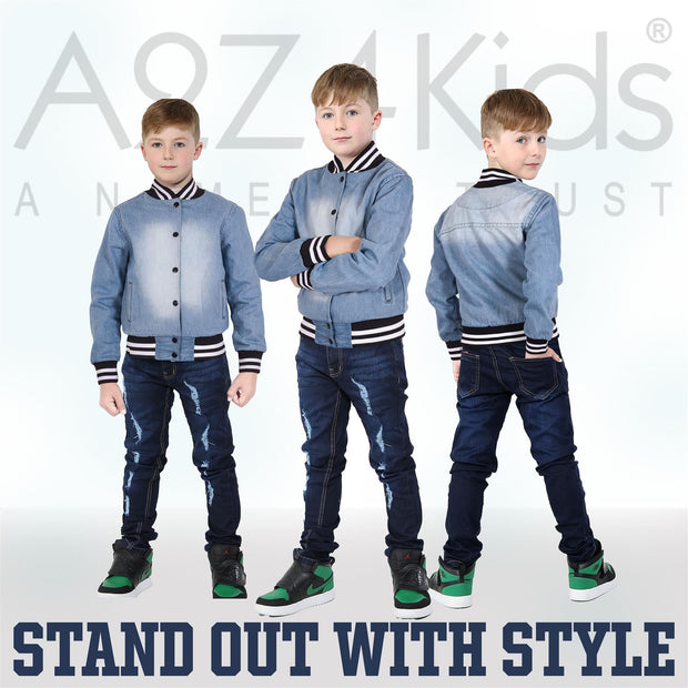 A2Z 4 Kids Boys Girls Ribbed Collar & Cuffs Denim Jacket 100% Cotton Kids Outerwear with Ribbed Hem Snap Button Closure Timeless Fashion for Everyday Adventures