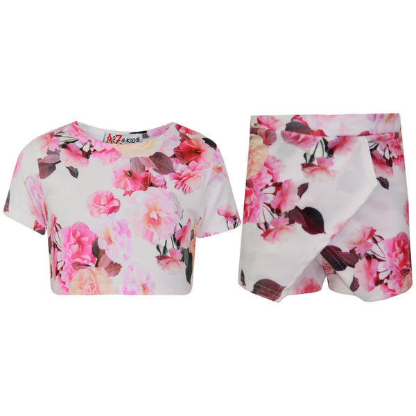 Girls Tops Flowers Print Crop Top & Skort Skirt Shorts 2 Piece Summer Outfit Set