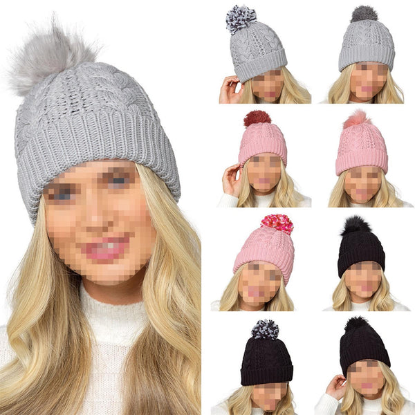 A2Z Ladies Hat Cable Knitted Detachable Pom Pom Stretchy Winter Warm Cazy Caps