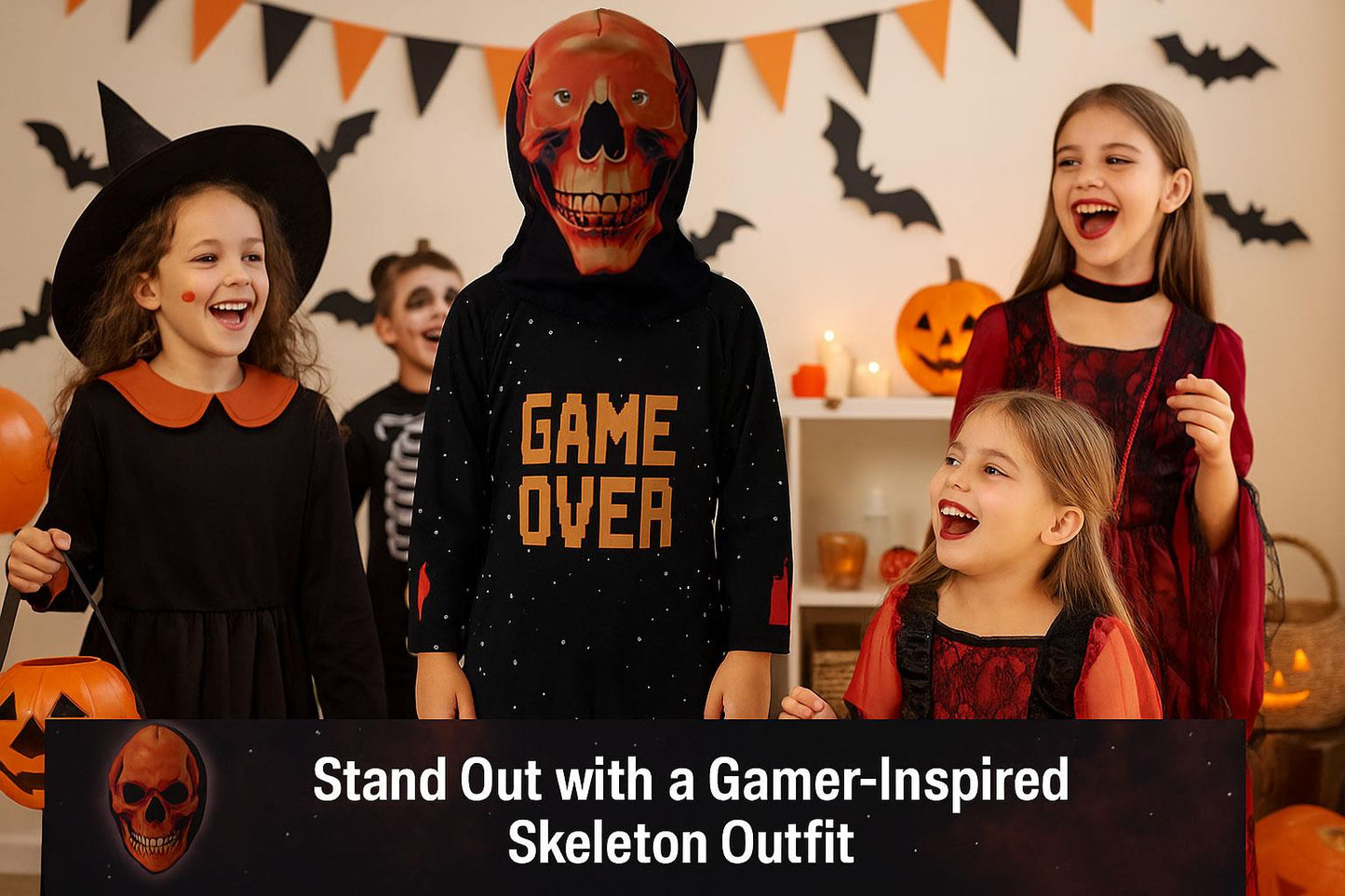 A2Z 4 Kids Game Over Skeleton Costume Halloween Fancy Dress Spooky Gamer Cosplay