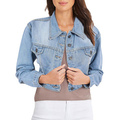 Ladies Women Fashion Cropped Denim Jacket Jean Long Sleeve Jacket Size 8-20