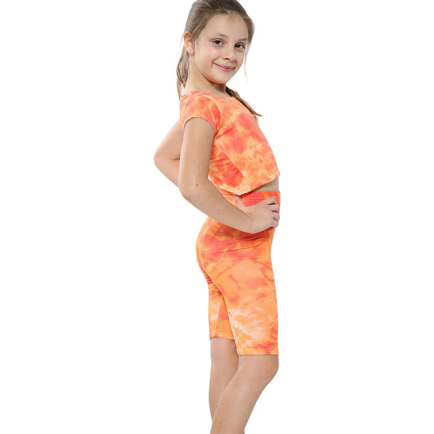 A2Z 4 Kids Tie Dye Orange Crop Top & Cycling Shorts Set Short Sleeves T Shirt Summer Outfit 2 Piece Activewear Girls Boys Age 5-13 years