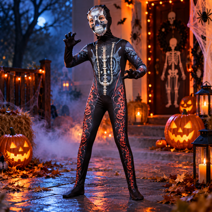 Boys Girls Mecha Skeleton Halloween Costume with Skull Mask Scary Jumpsuit 3-14