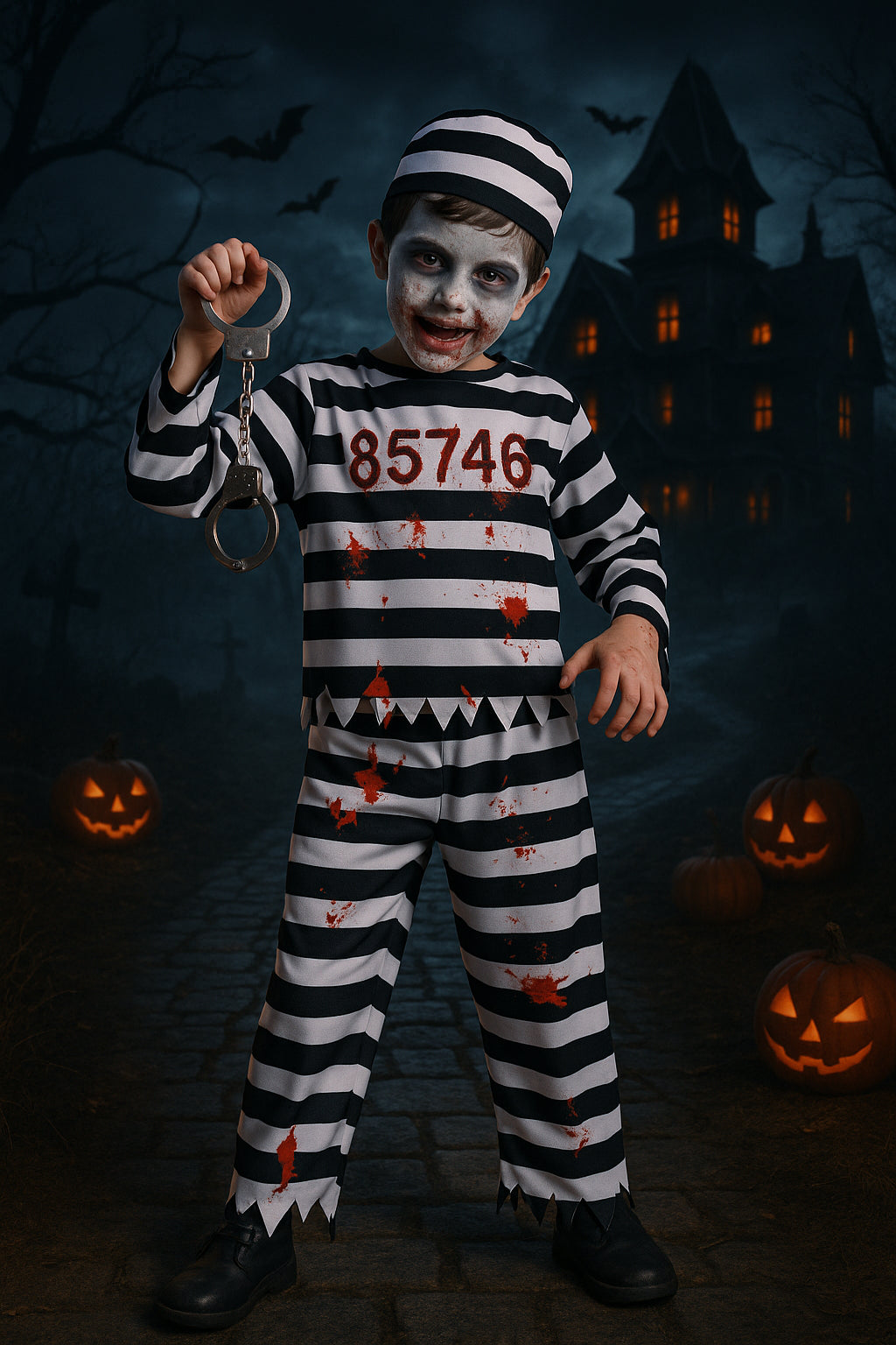 A2Z 4 Kids Boys Zombie Prisoner Halloween Set Bloody Prisoner Attire Eerie Undead Convict Halloween Outfit Set for Boys Age 3-14 Years