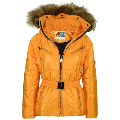 A2Z 4 Kids Kids Girls Jackets Mustard Puffer Hooded Stylish Detachable Faux Fur Padded Zipped Belted Slim Fit Warm Coats New Age 5 6 7 8 9 10 11 12 13 Years