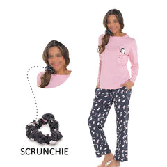 A2Z Ladies Pyjama Set Womens Varsity Penguin Cosy Pyjamas Matching Scrunchie
