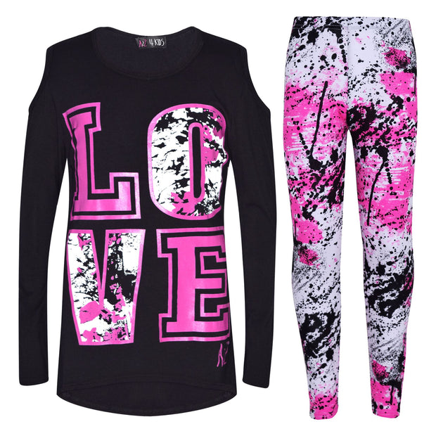 A2Z 4 Kids Girls Love Print Top Short Sleeve T-Shirt & Splash Print Fashion Leggings Set Age 5-13 years