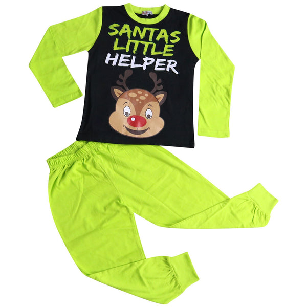 Kids Girls Boys Pyjamas Santas Little Helper Reindeer Contrast Sleeves Xmas PJS
