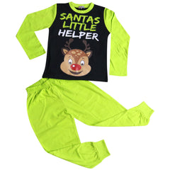 Kids Girls Boys Pyjamas Santas Little Helper Reindeer Contrast Sleeves Xmas PJS