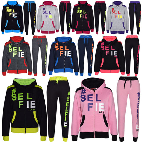 Kids Girls Boys #Selfie Tracksuit Hooded Hoodie Bottom Jog Suit Joggers 7-13 Yrs