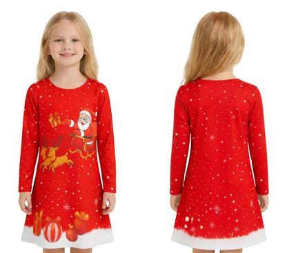 Girls Christmas Swing Dress Santa Sleigh Print Long Sleeve Party Dress Outfit