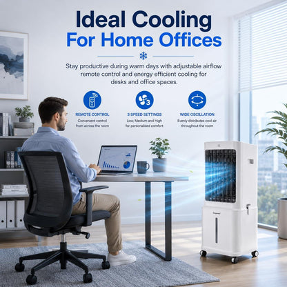 Portable White Air Cooler with Remote Control 3 Speed Settings 80W Easy to Move