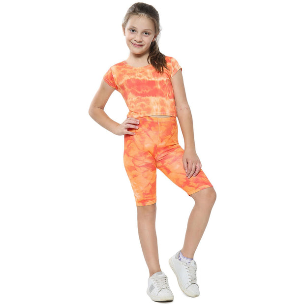 A2Z 4 Kids Tie Dye Orange Crop Top & Cycling Shorts Set Short Sleeves T Shirt Summer Outfit 2 Piece Activewear Girls Boys Age 5-13 years