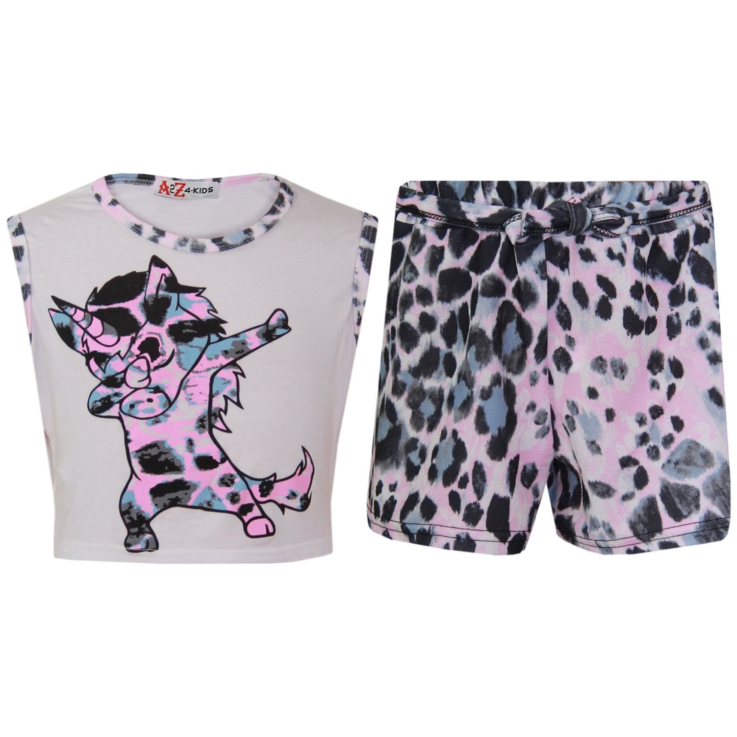 A2Z 4 Kids Girls Crop & Shorts Set Dabbing Unicorn Snow Leopard Trendy Fashion