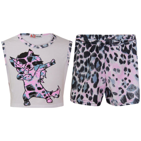 A2Z 4 Kids Girls Crop & Shorts Set Dabbing Unicorn Snow Leopard Trendy Fashion
