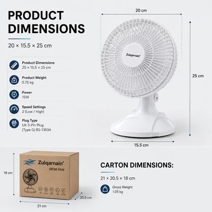 6 Inch Desk Fan White Portable Table Fan with 2 Speed Left and Right Cooling Fan
