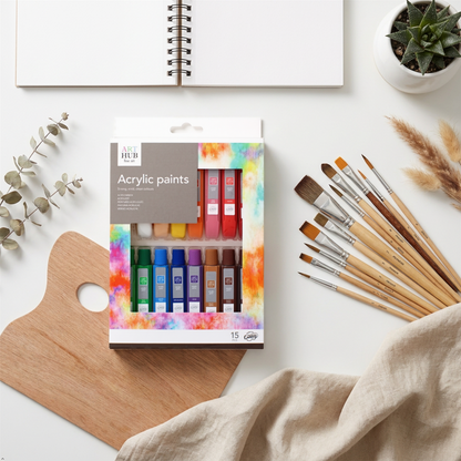A2Z 15 Pack Acrylic Paint Set 10ml Assorted Colours Art Craft Canvas Wood Paints