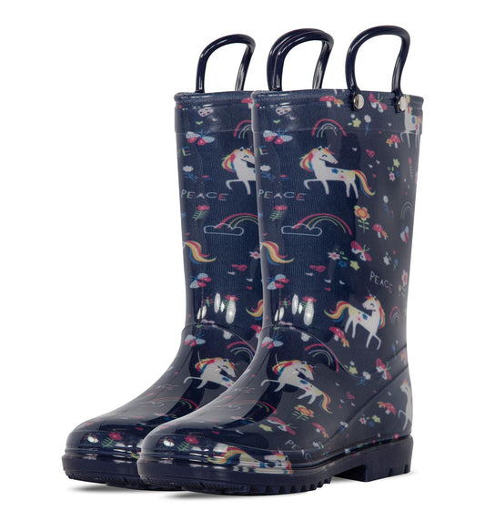 Kids Girls Wellington Wellies Anti-Slip Waterproof Rain Boots With Carry Handles