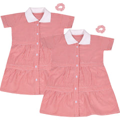 Kids Girls 2 Pack Gingham School Dress Check Button Up Tiered Dresses With Scrunchies