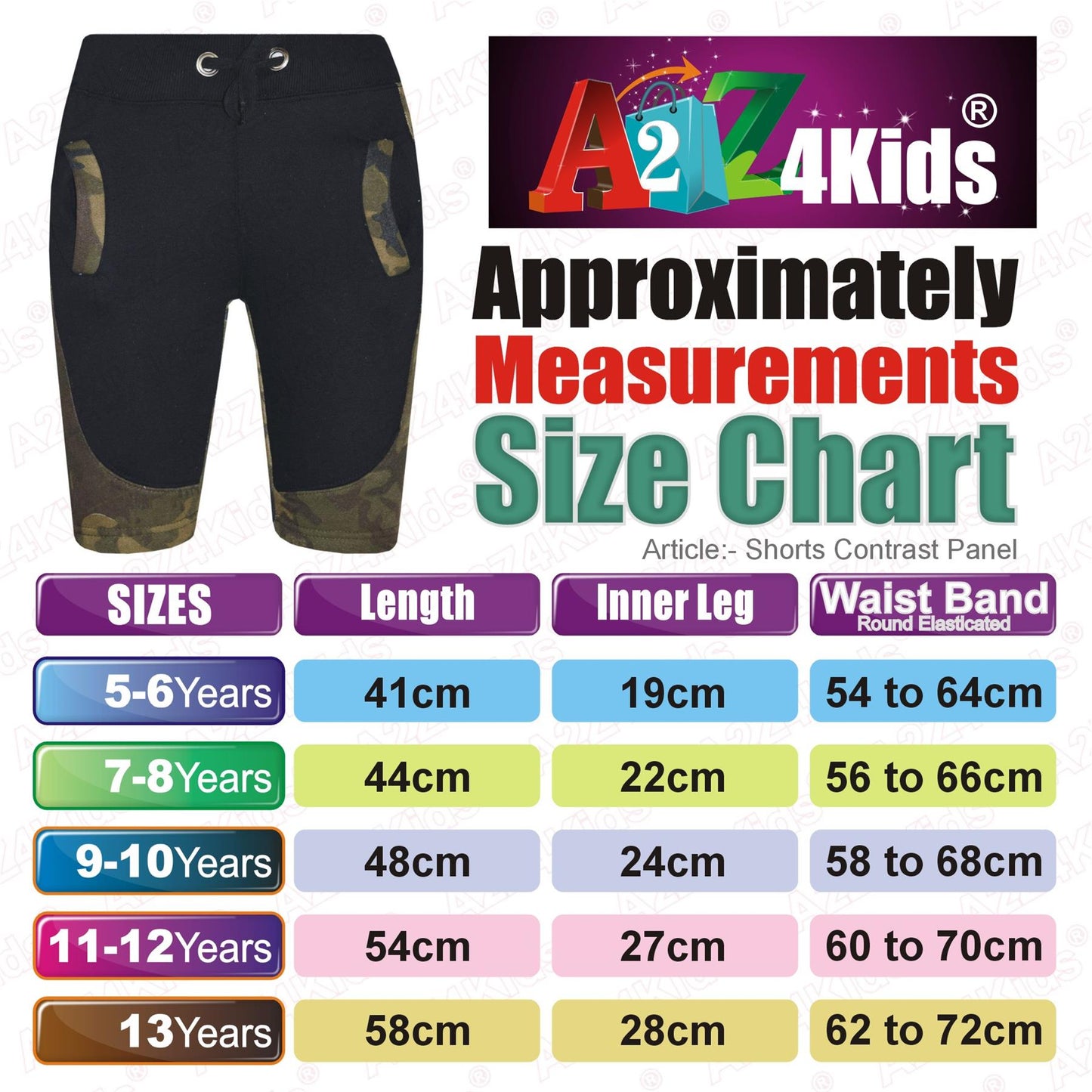 Kids Shorts Girls Boys Fleece Camouflage Panel Chino Short Knee Length Half Pant