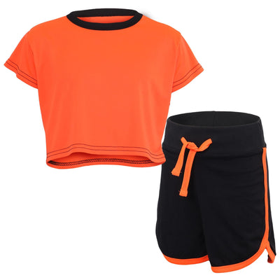 A2Z 4 Kids Black and Neon Orange Crop Top and Shorts Set Contrast Colour Short Sleeves T Shirt Summer Outfit 2 Piece Activewear Girls Boys Age 5-13 years