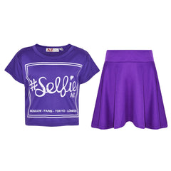 Girls Top Kids Selfie Print Stylish Crop Top & Skater Skirt Set Age 7-13 Years