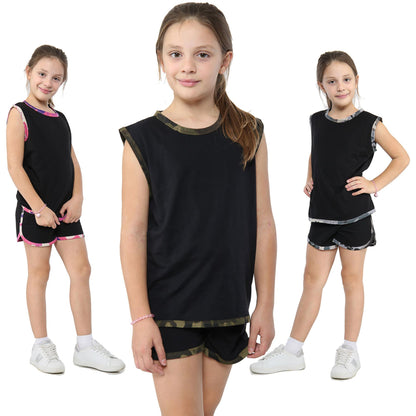 Kids Girls Shorts Set 100% Cotton Camouflage Taped Summer Vest Top Short 5-13 Yr