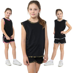 Kids Girls Shorts Set 100% Cotton Camouflage Taped Summer Vest Top Short 5-13 Yr