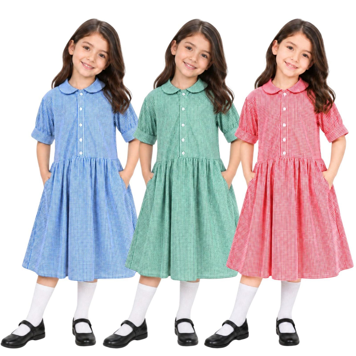 Girls School Gingham Dress Pack Of 2 Check Print Front Button Closure Dresses